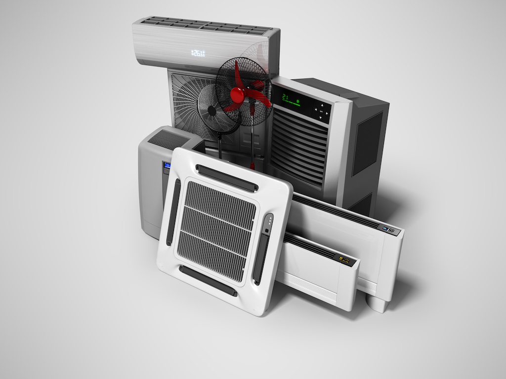 Concept group of equipment for cooling and air conditioning and insulation 3d render on gray background with shadow Air Conditioning Service