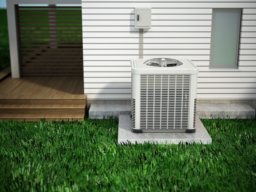 HVAC unit outside of white home with green grass and wood deck. | HVAC Piston Body 