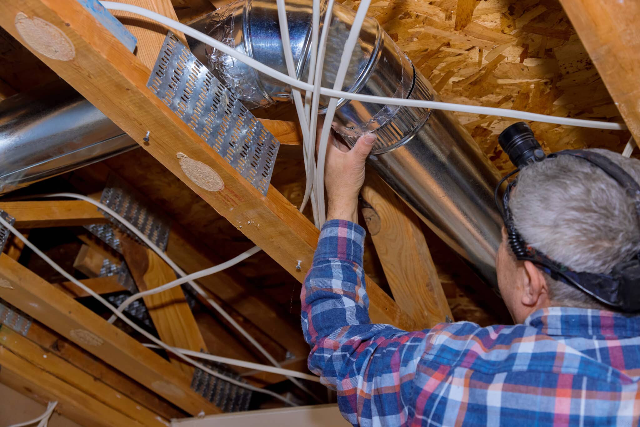 HVAC duct ventilation pipes the installation in central conditioning a ceiling, HVAC System.