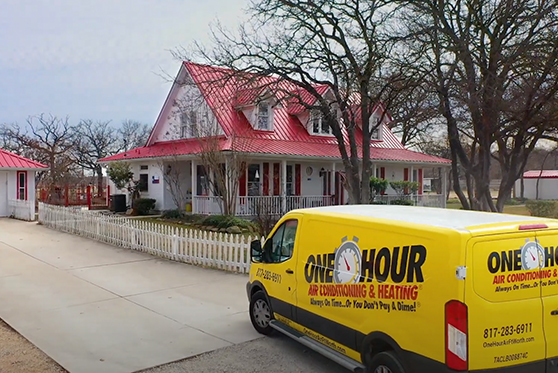 Company van in front of house HVAC repair service Fort Worth, TX