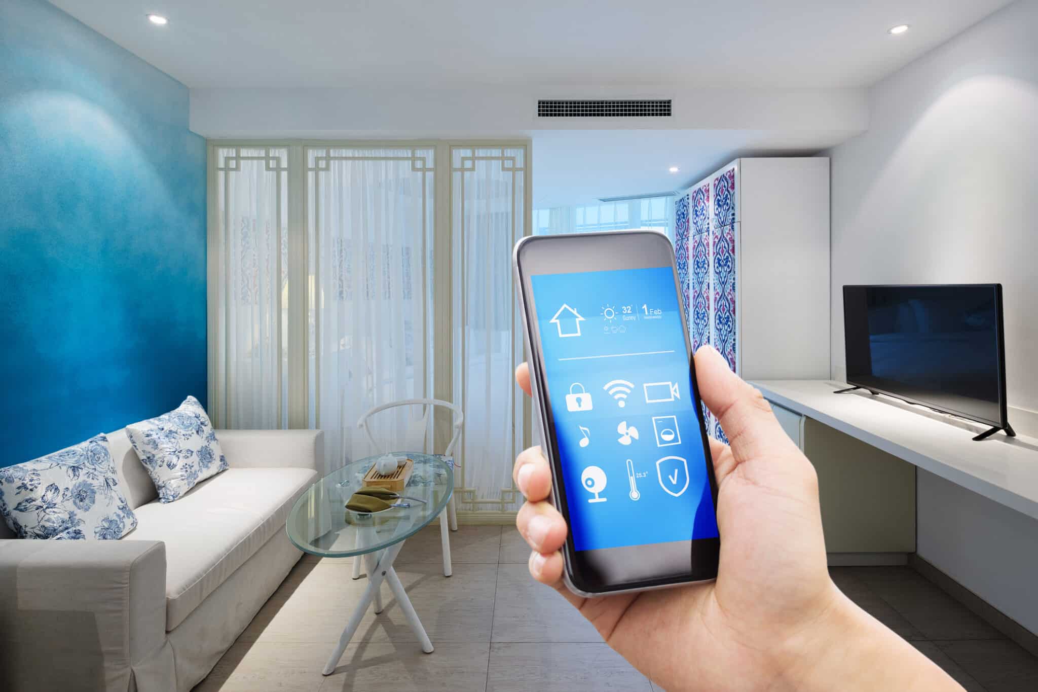 A smartphone showcasing Home Smart HVAC Technology in a stylish modern living room.