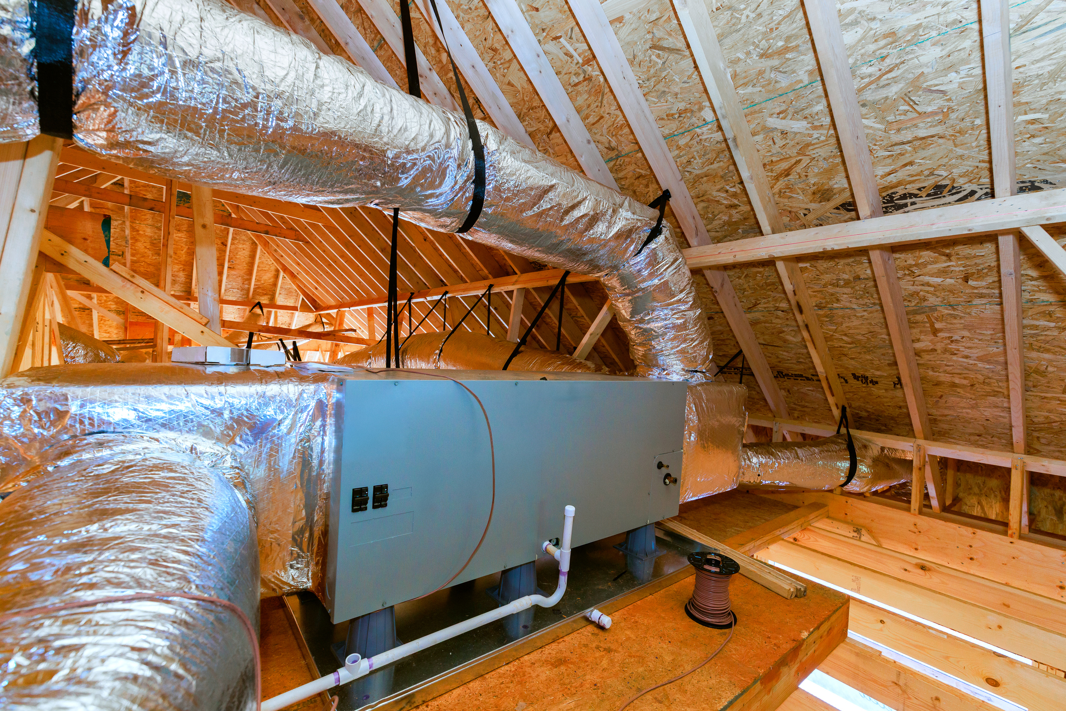 Secondary drain pan under furnace for ceiling protection.