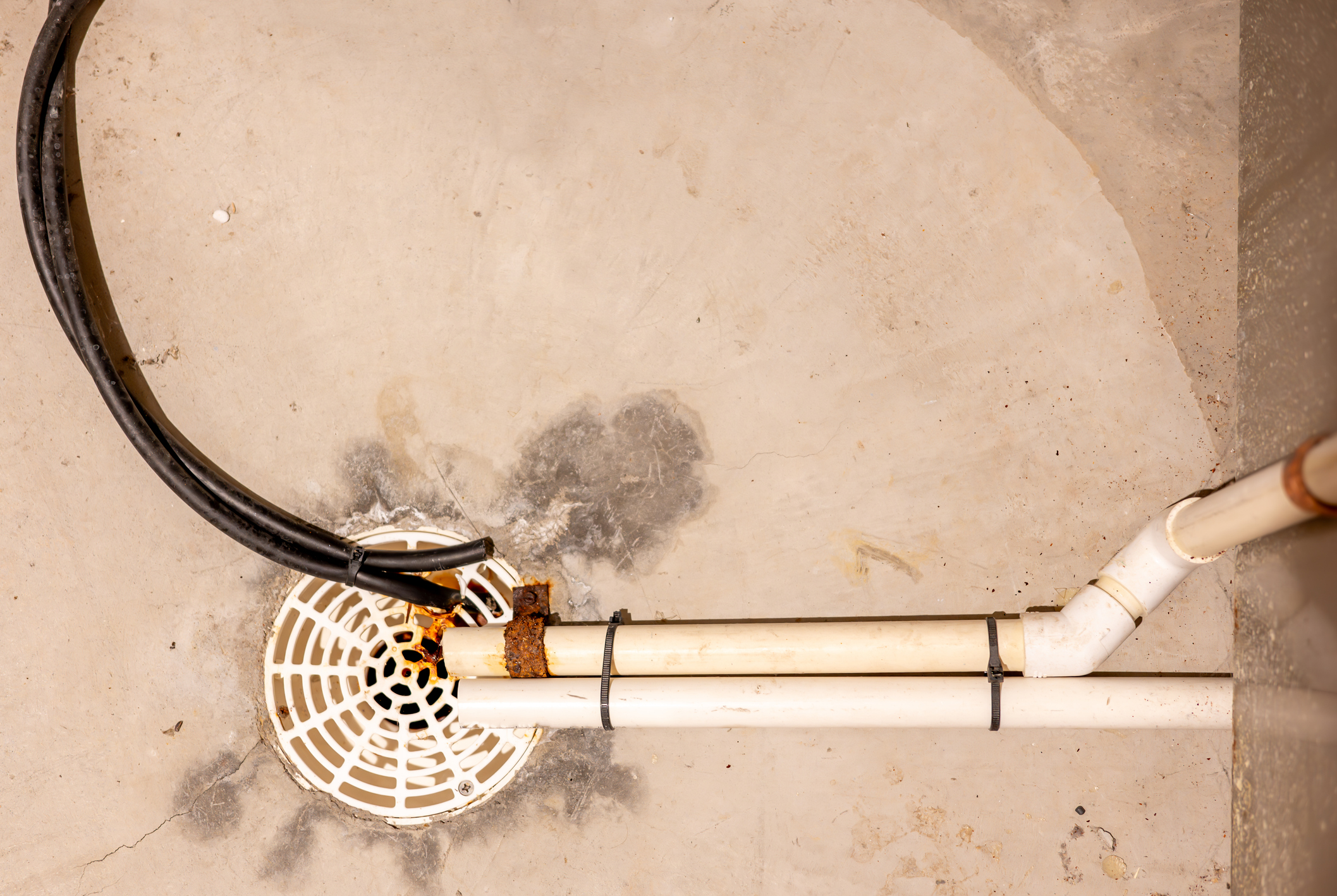 PVC drain line show rust, Condensate pan overflow.