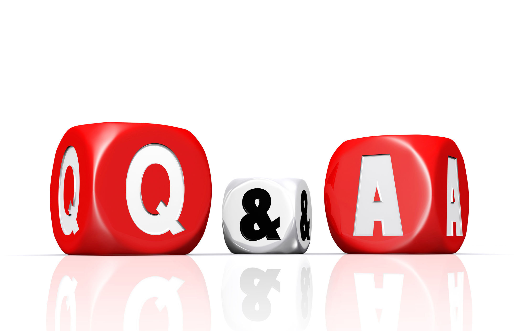 Red and white questions and answers dices with reflection on white background, Blower cabinet cleaning.